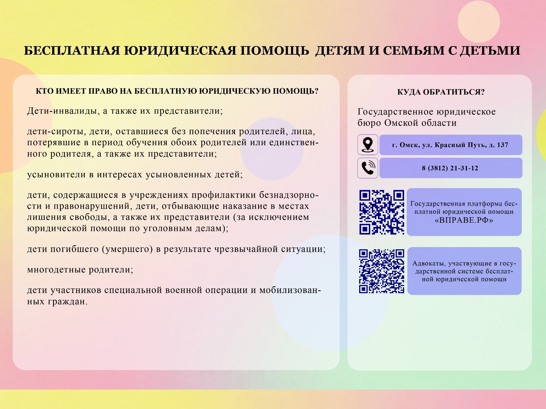 Памятка о праве детей и семей с детьми на бесплатную юридическую помощь.